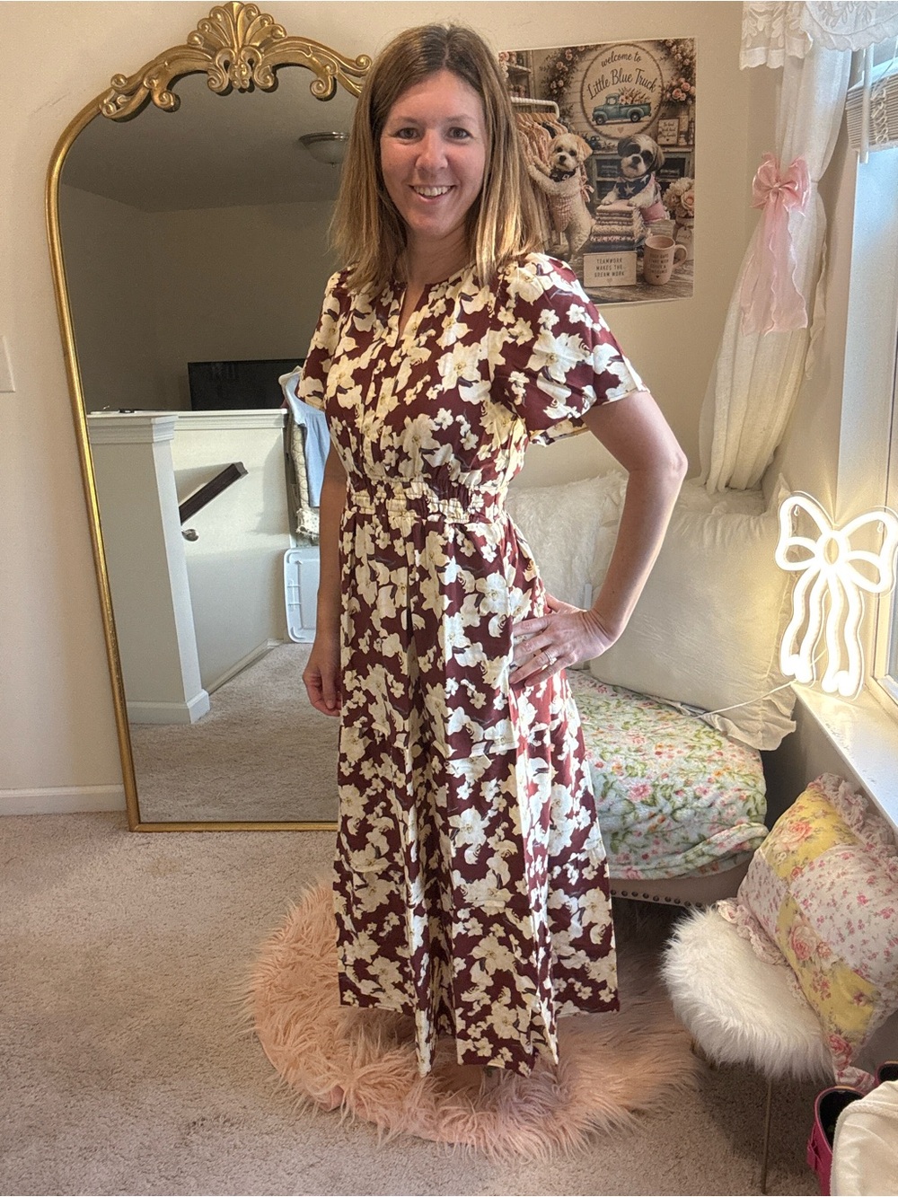 Entro Women's Floral Burgundy and Cream Midi Dress